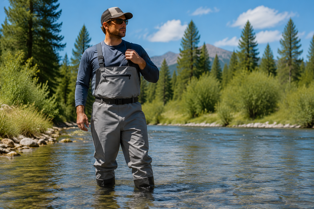 A field worker wearing grey breathable chest waders standing in a shallow river on a warm day, one hand adjusting the shoulder strap, the wader fabric visibly dry above the waterline