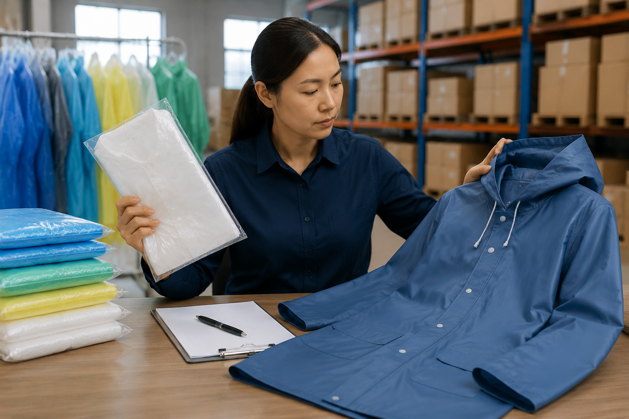 A procurement planner comparing a folded disposable PE poncho and a thicker reusable EVA raincoat on a warehouse table during an order review