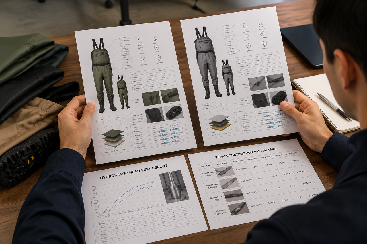 A purchasing manager comparing two printed wader specification sheets side by side on a desk, with a hydrostatic head test report and a seam parameter