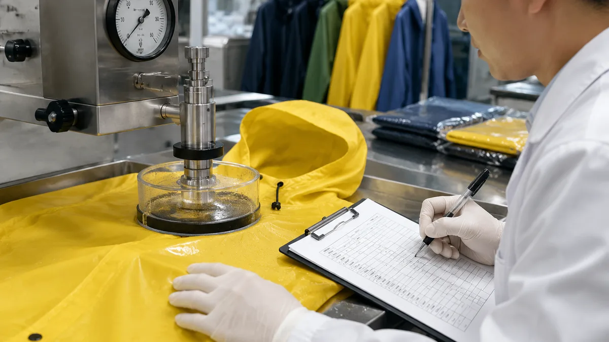 Close-up of a factory quality control inspector wearing a white coat and gloves, using a hydrostatic pressure tester on a rain poncho sample while rec