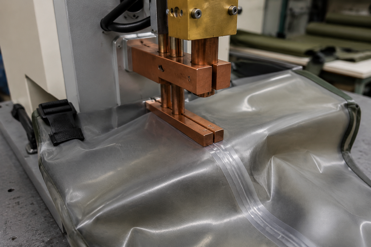 Close-up of a high-frequency dielectric welding machine fusing a translucent PVC wader seam, copper electrode bars pressing the material on a workshop bench