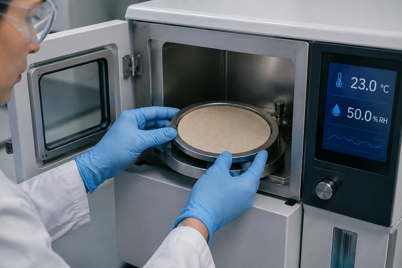 Close-up of a laboratory technician placing a circular fabric sample into a moisture vapor transmission rate testing chamber with a digital display sh