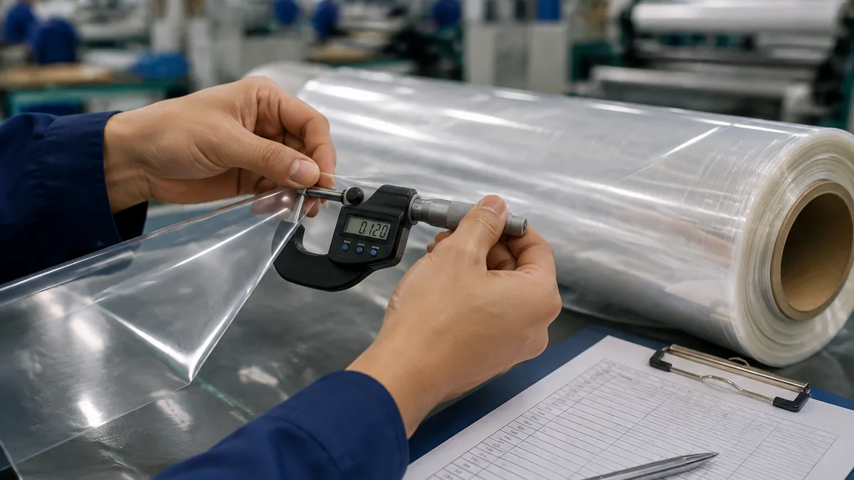 Close-up of a quality inspector's hands using a digital micrometer to measure the thickness of a transparent EVA film roll, with a clipboard showing a