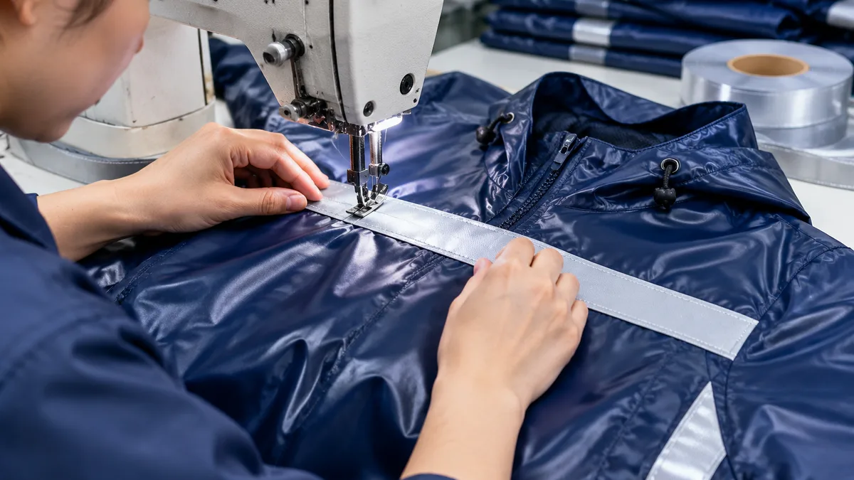 Close-up of a sewing machine operator attaching reflective tape to the chest area of a navy PVC raincoat with precise edge alignment