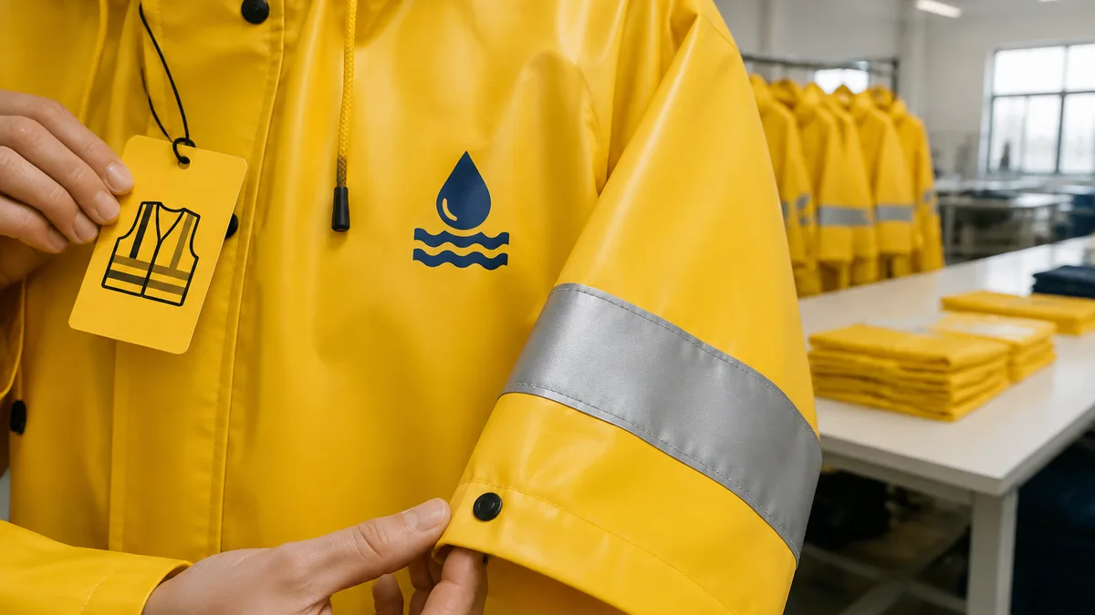 Close-up of a silver reflective strip stitched onto a yellow PVC raincoat sleeve, with a printed logo on the chest and an EN ISO 20471 hang tag visibl