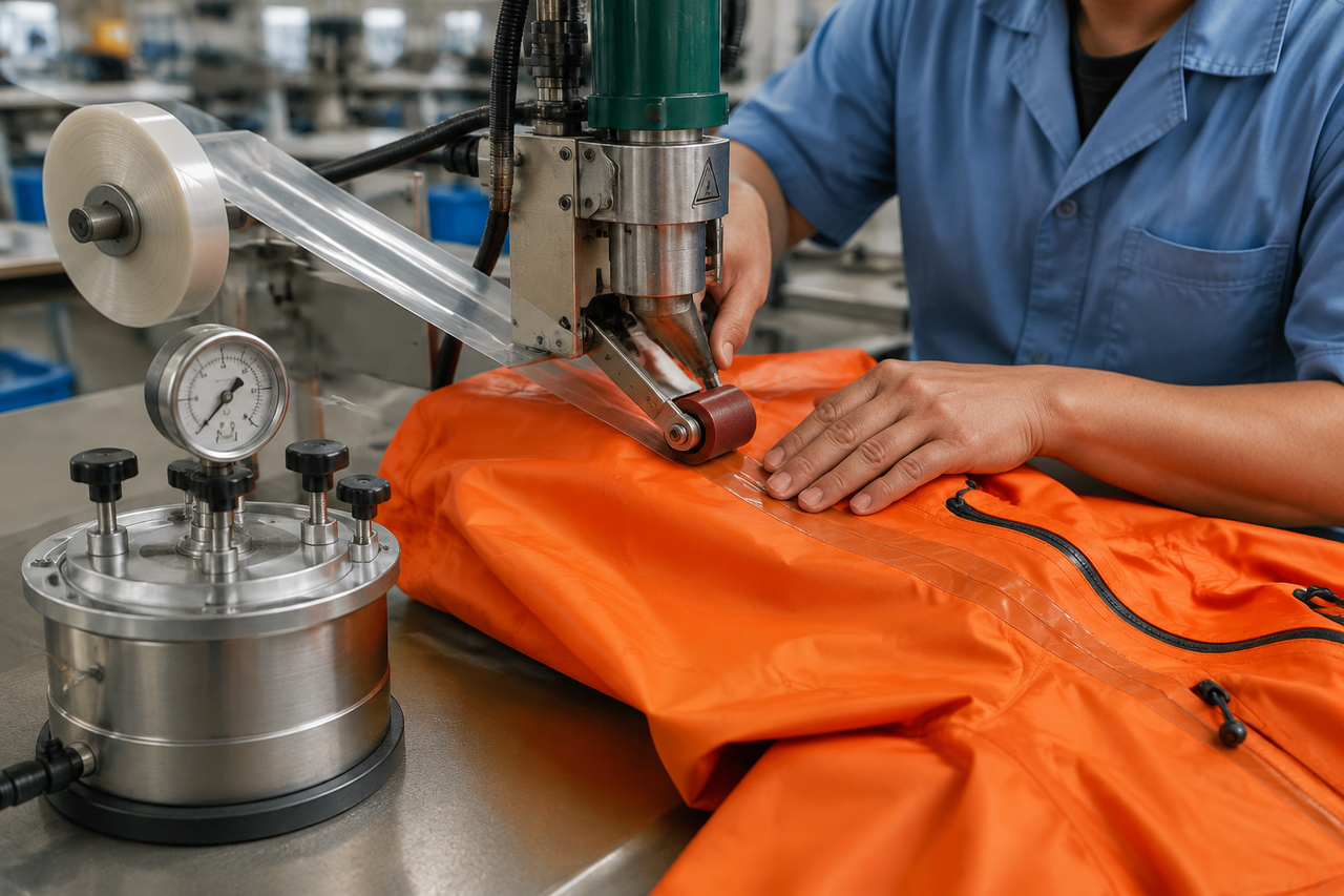 Close-up photograph of rainwear seam sealing in a factory: a worker in a light-blue uniform operating a hot-air seam-sealing machine on a bright orang