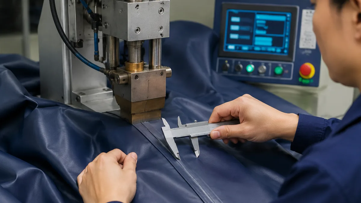 Close-up view of an RF welding electrode bonding two layers of navy PVC raincoat fabric, with a quality control operator using calipers to measure sea