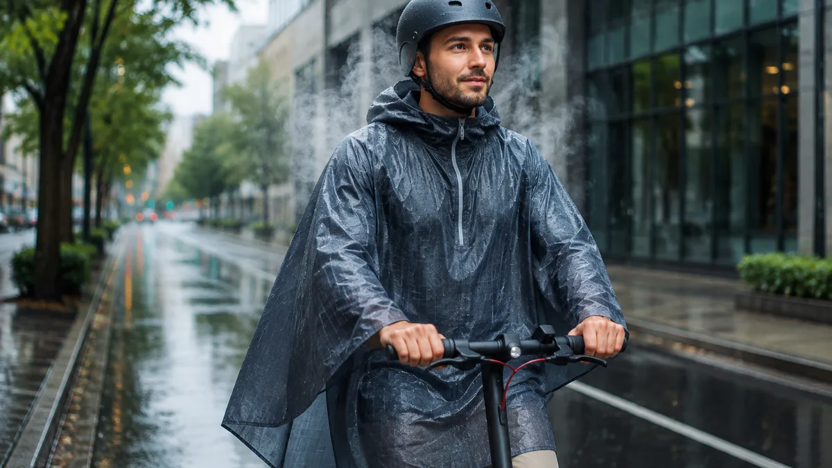Electric scooter rider wearing a breathable rain poncho during a morning commute in light rain, with visible vapor escaping from fabric surface and dr