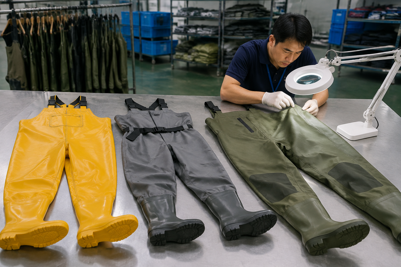 Factory inspection table with three types of waders laid out side by side: yellow PVC chest waders, grey nylon waist waders, and olive green breathabl
