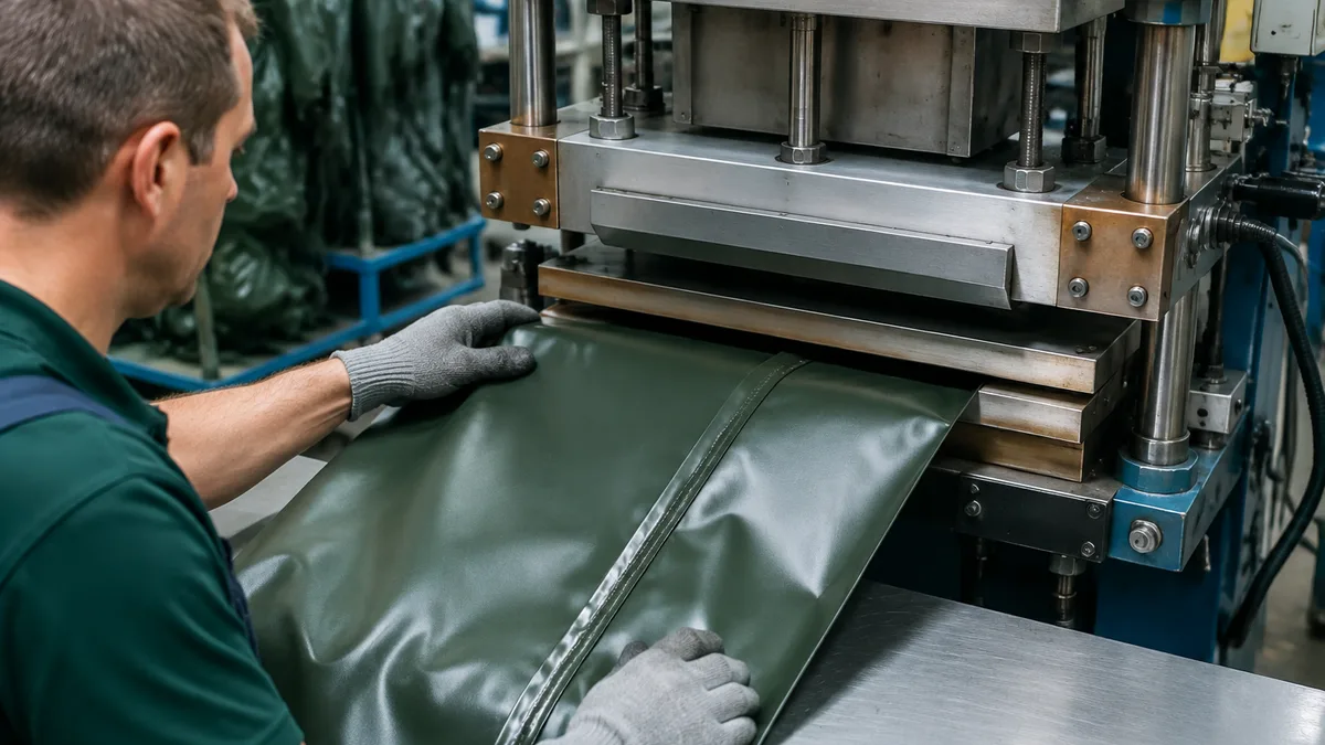 Factory operator at a high-frequency welding press joining two layers of dark green PVC, the fused seam emerging from between the heated platens
