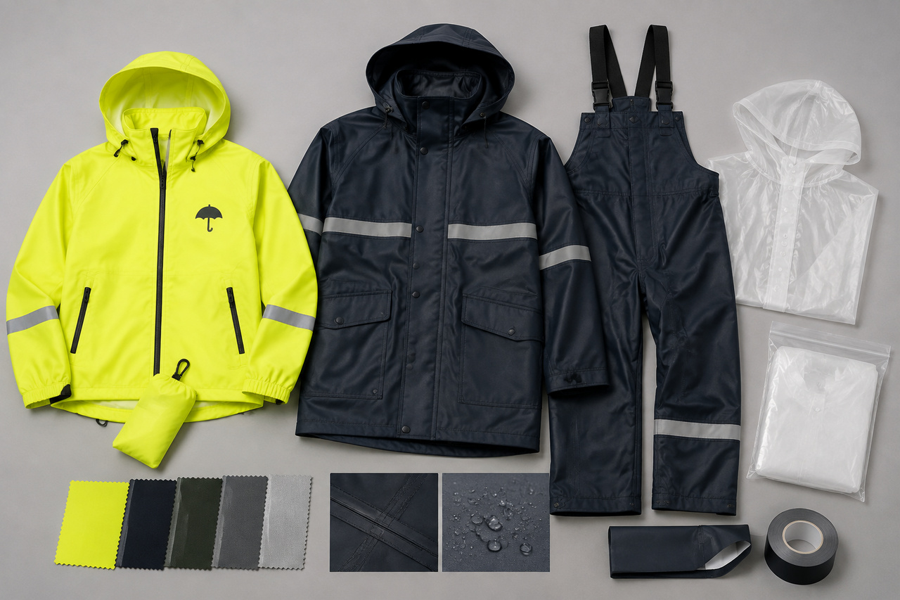 Flat-lay product photography of a private-label rainwear range on a neutral grey background: a packable neon-yellow commuter raincoat with a printed c