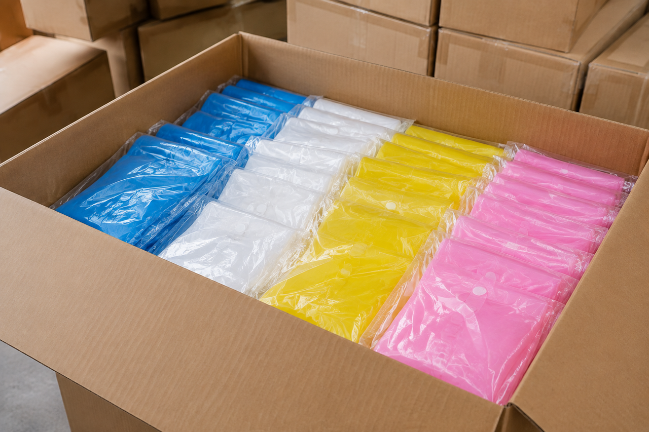 Folded disposable PE ponchos packed into clear polybags ready for bulk carton packing