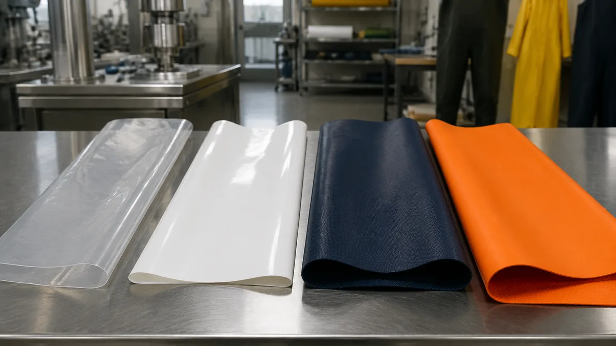Four rainwear material samples laid in a row on a factory inspection table: thin translucent PE film, glossy white EVA sheet, navy coated nylon, and t