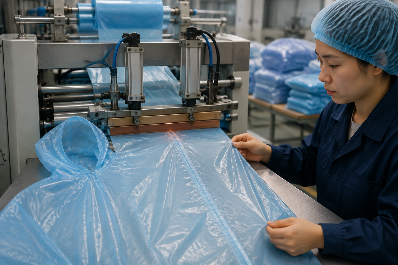 Heat sealing machine welding center seam of disposable PE poncho with operator inspecting weld line
