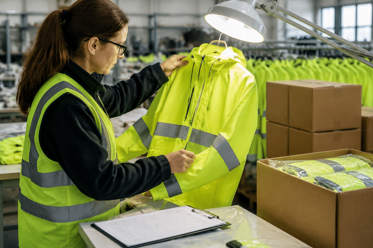 Independent quality inspector examining a hi-vis rain jacket under a daylight lamp in a garment factory, with a clipboard checklist and packed cartons