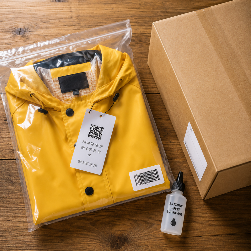 Overhead photograph of private-label rainwear packaging on a wooden table: a yellow raincoat folded in a clear poly bag with a barcode sticker, a hang