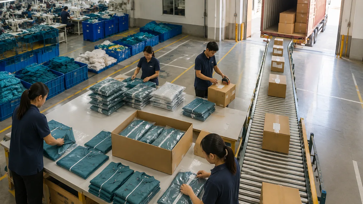 Overhead view of a packing station with workers folding finished raincoats into individual poly bags, stacking them into labeled export cartons, and a