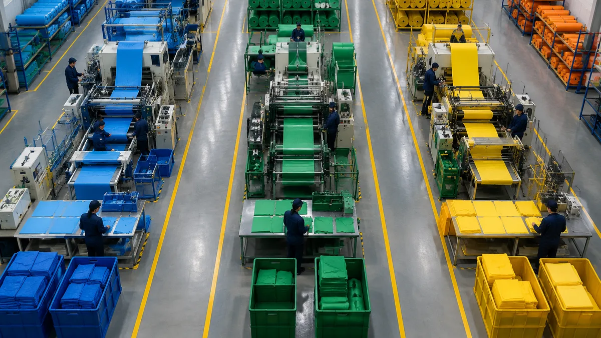 Overhead view of three parallel production zones in a factory floor layout, each with distinct equipment configurations, color-coded material racks, a