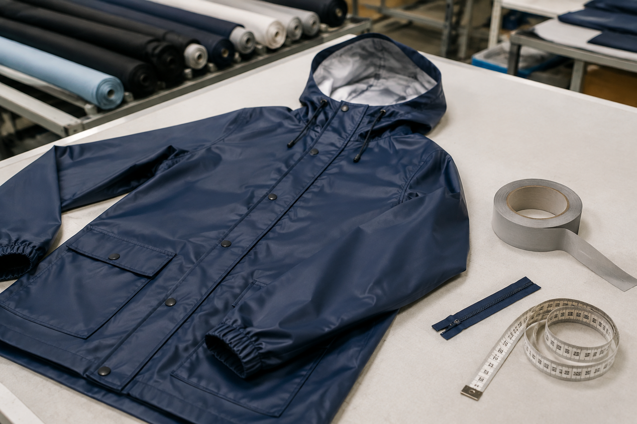 Pre-production raincoat sample laid on a factory cutting table with seam tape, a zipper pull, and a measuring tape placed beside it for inspection