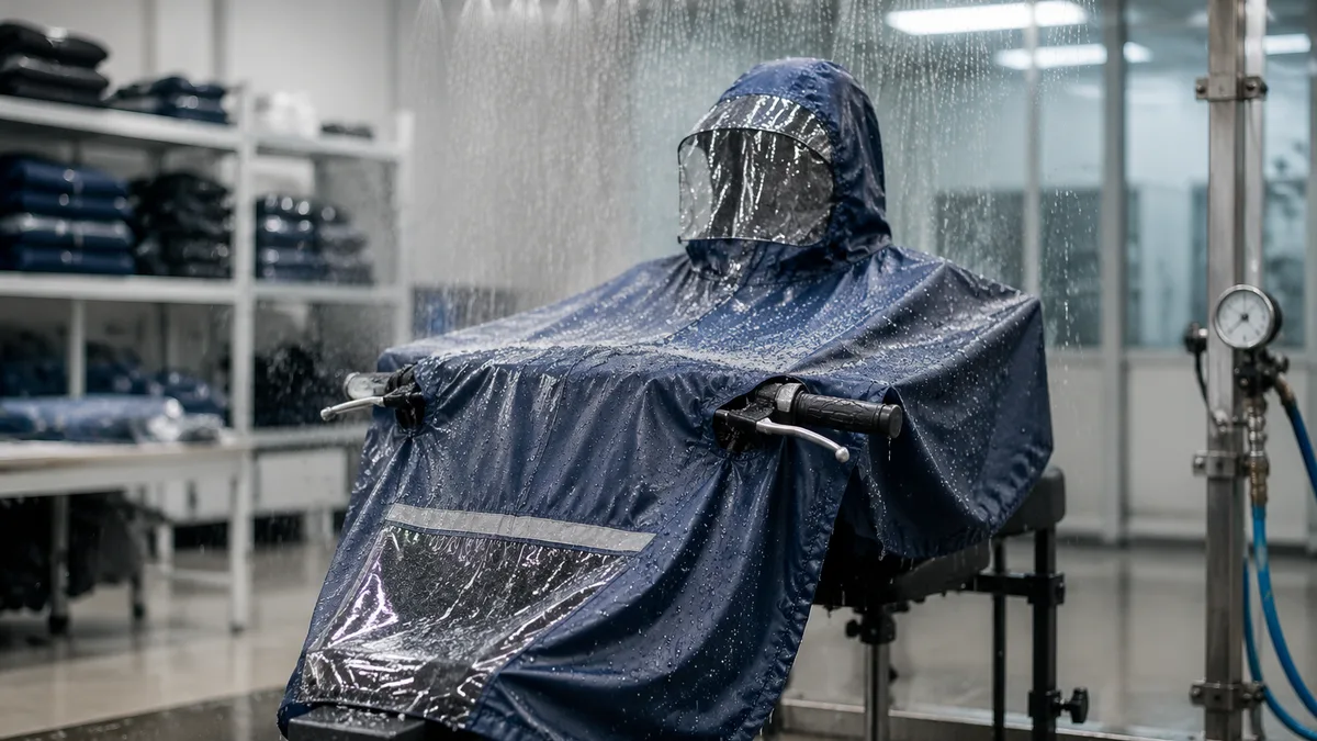 Quality control station with an electric bike rain poncho draped over a simulated handlebar rig being sprayed with water to test coverage and seam int
