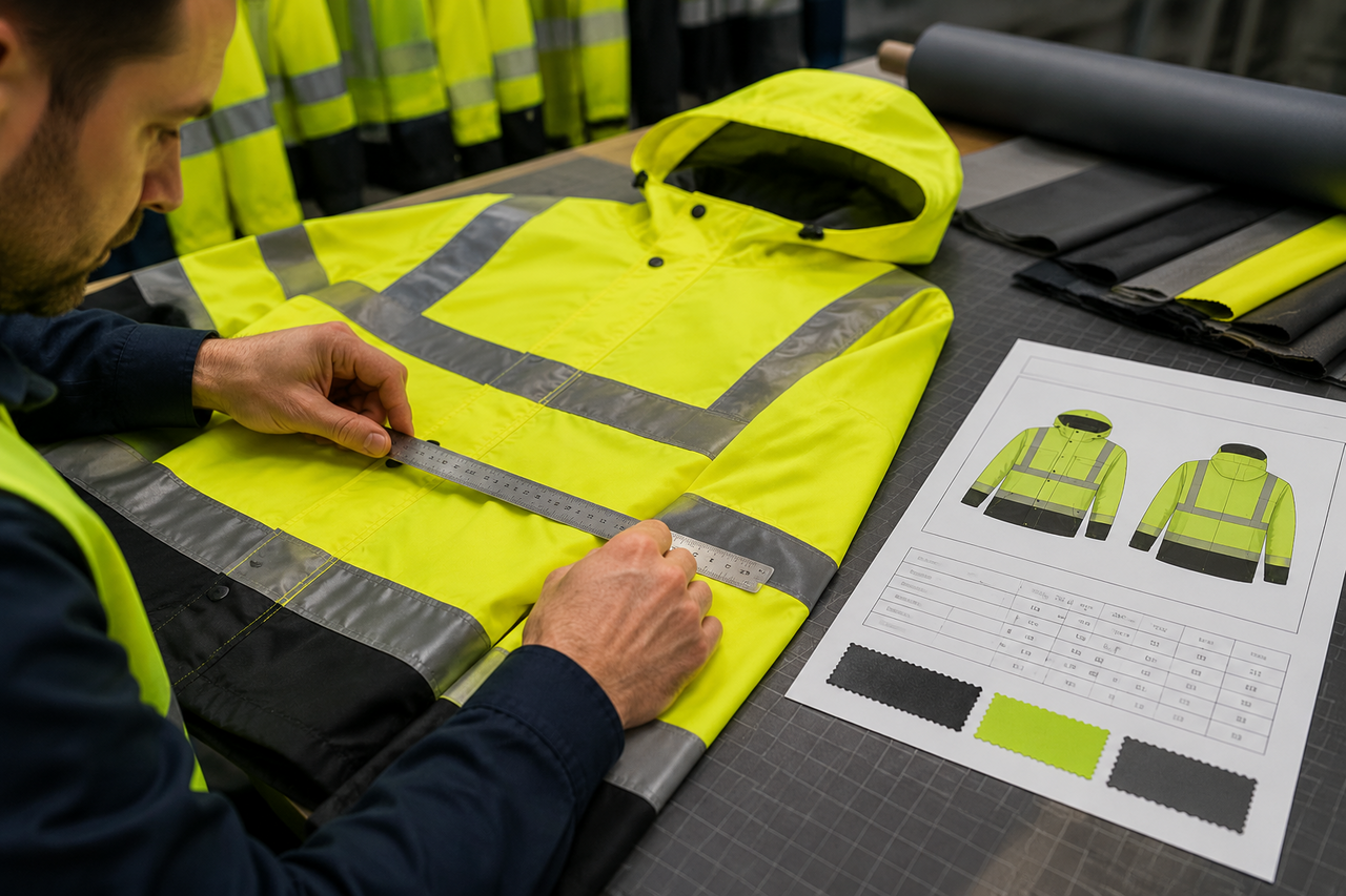 Quality inspector measuring reflective tape width on a hi-vis rain suit jacket with a steel ruler while comparing the reading to a printed specificati