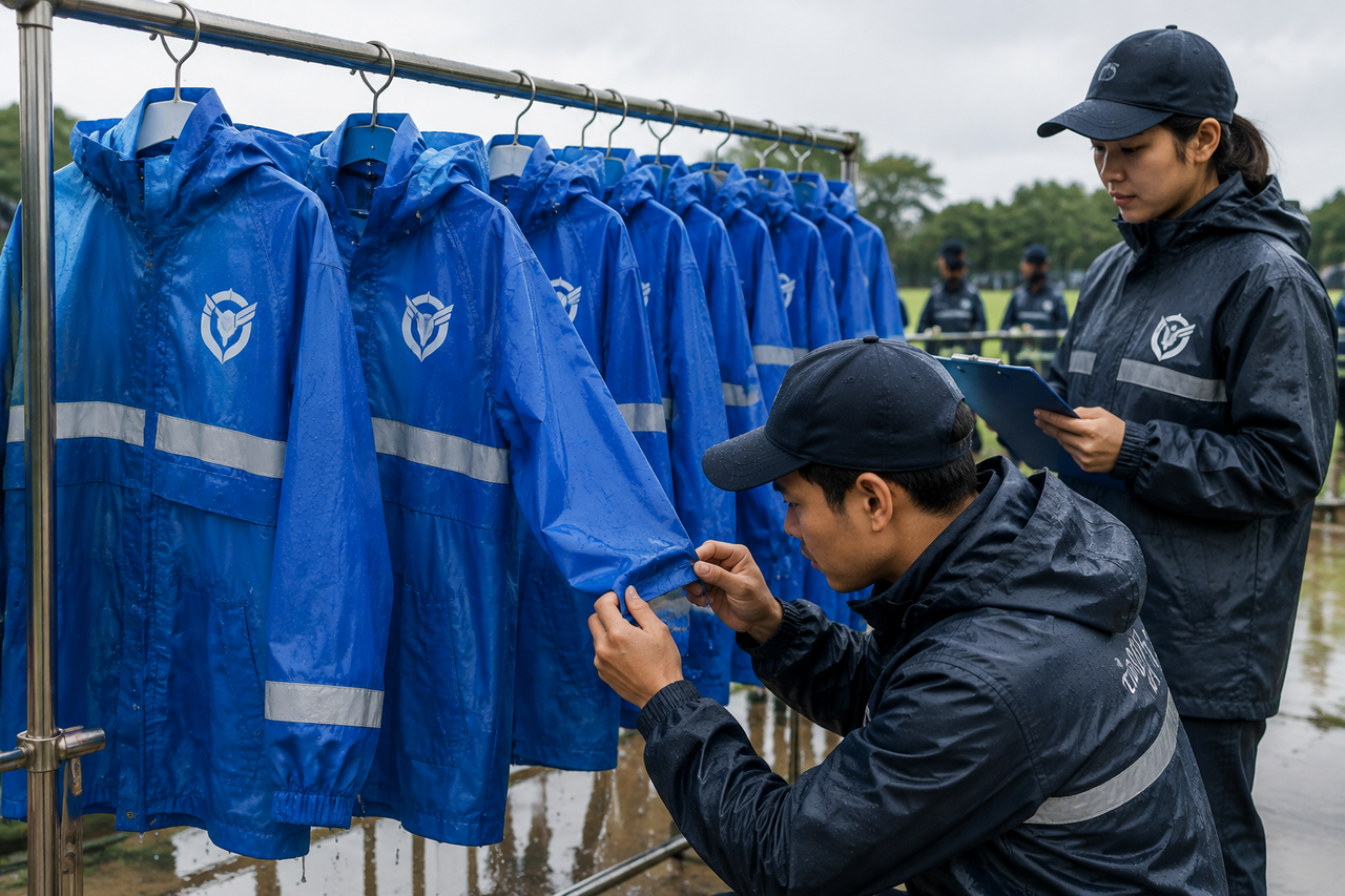 Reusable EVA raincoats with printed logos hanging on a drying rack after an outdoor training drill, with staff inspecting seams