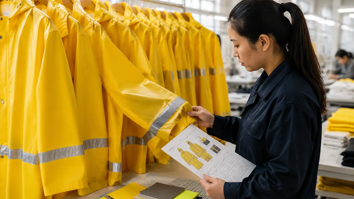Rows of bright yellow PVC raincoats on hangers in a factory inspection room, a quality inspector holding a specification sheet and checking reflective