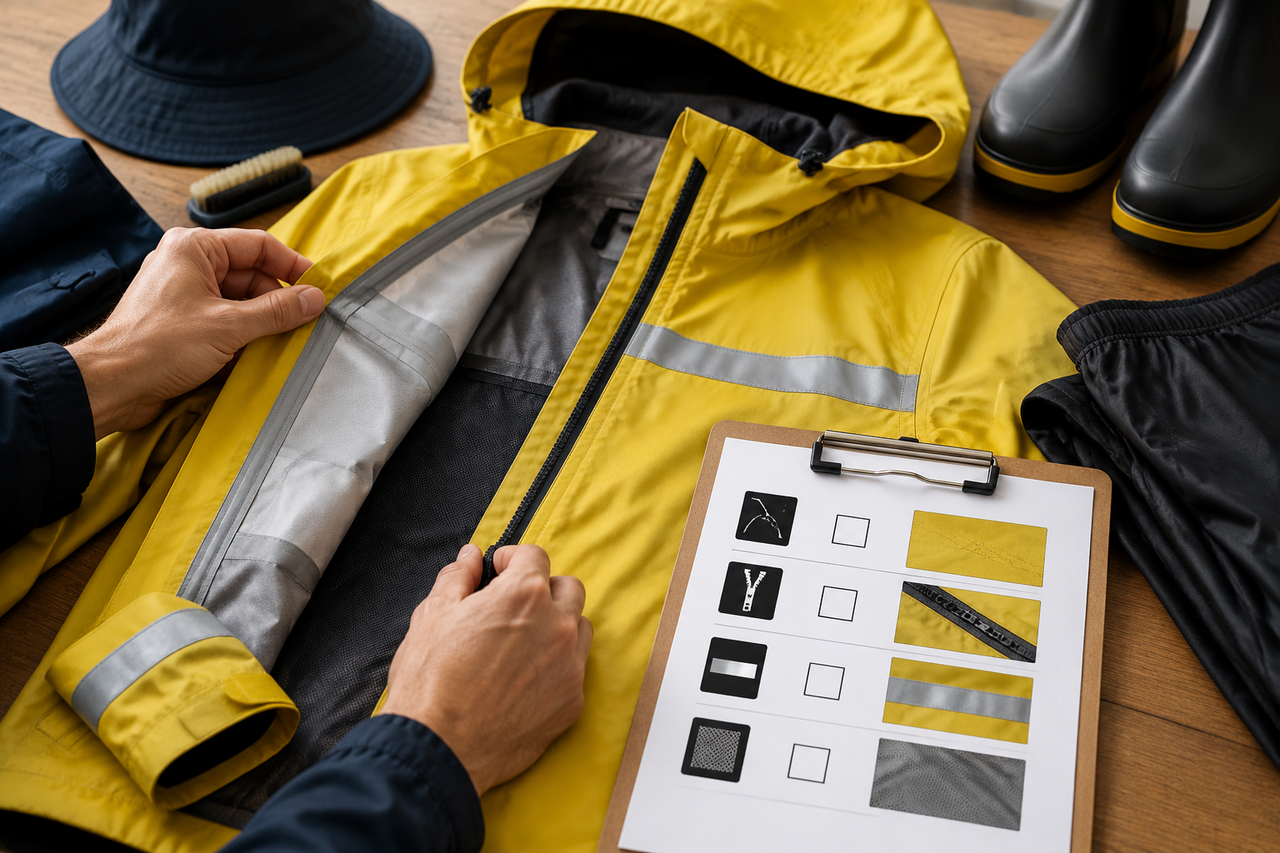 Seasonal inspection checklist laid out on table: seams, zippers, reflective strips, and inner lining condition
