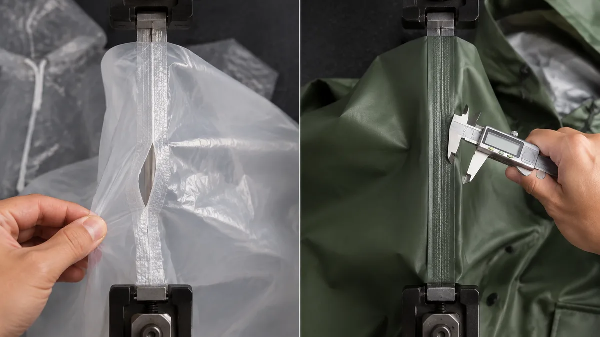Side-by-side comparison of heat-sealed PE poncho seam showing minor separation and ultrasonic-welded EVA raincoat seam under tensile stress test with