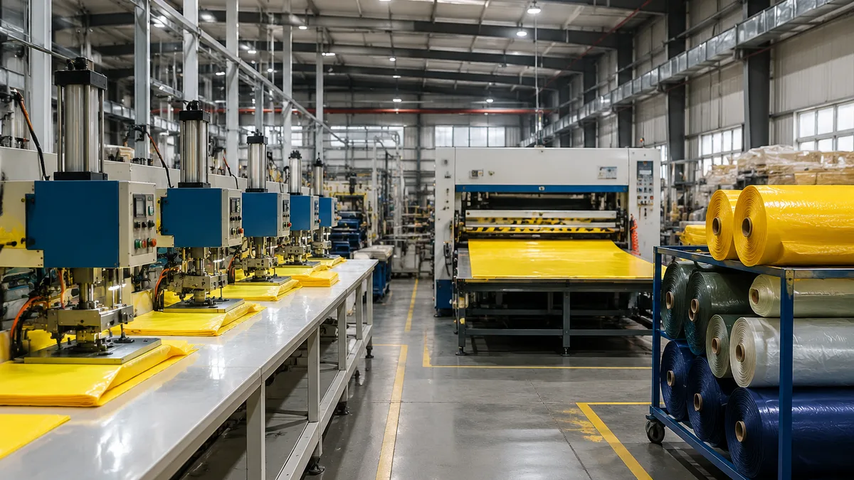 Wide-angle shot of a PVC raincoat production line showing high-frequency welding stations, pneumatic cutting press, and stacked rolls of coated polyes