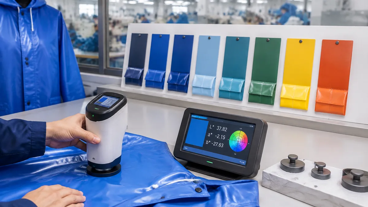 Wide shot of a quality control station with a spectrophotometer measuring the color of a PVC raincoat panel, a digital display showing L<em alt=