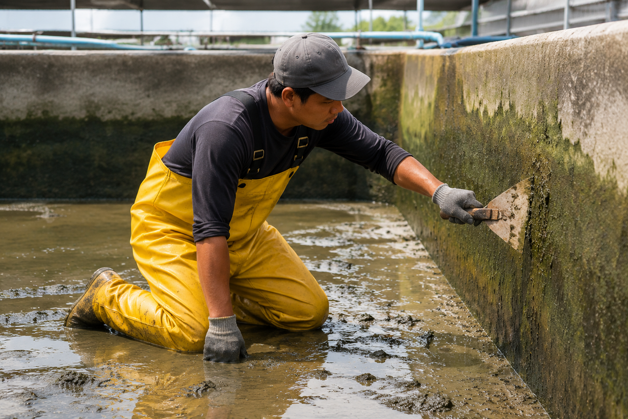 Worker in yellow PVC chest waders kneeling on the floor of a drained concrete aquaculture pond, scraping algae from the wall with a wide scraper, sedi