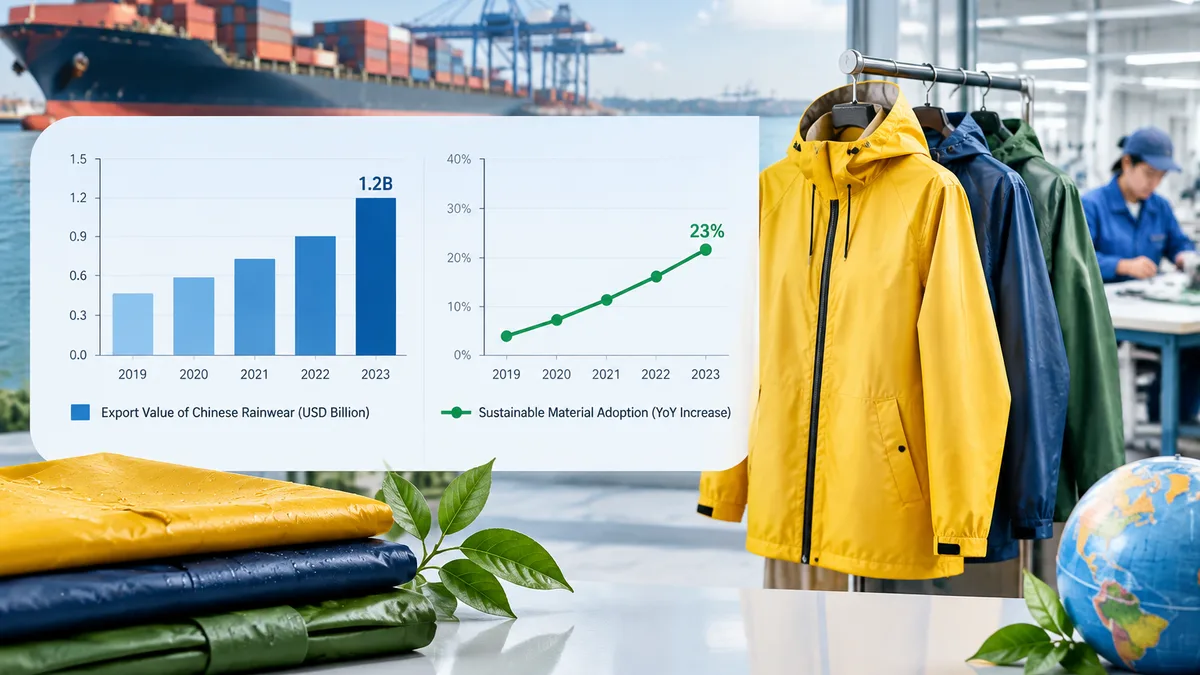 A bar chart showing the annual export value of Chinese rainwear at USD 1.2 billion for 2023, with a line graph indicating a 23% year-over-year increas