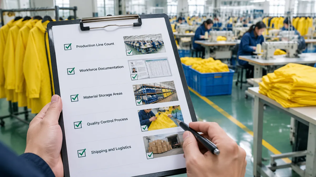 Close-up of a factory audit checklist on a clipboard, showing checkmarks next to items like production line count, workforce documentation, and materi