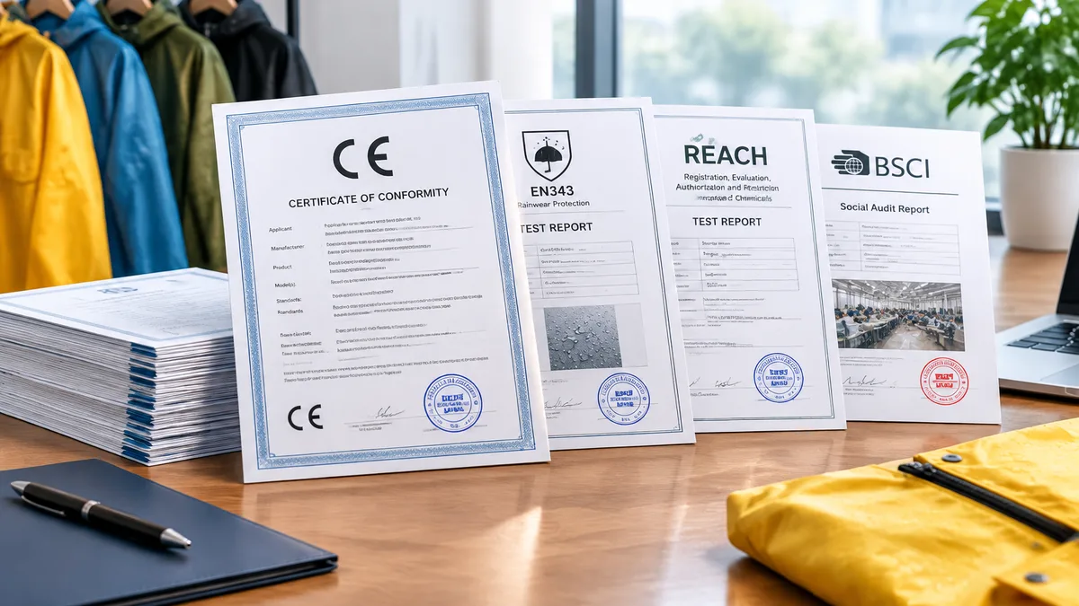 Stacked compliance certificates and test reports including CE, EN343, REACH, and BSCI audit documents with visible official stamps