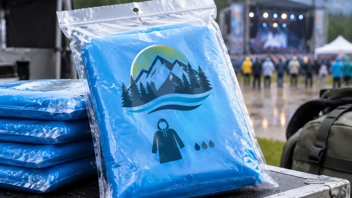 Close-up of a printed disposable rain poncho in a sealed poly bag showing festival logo and product label